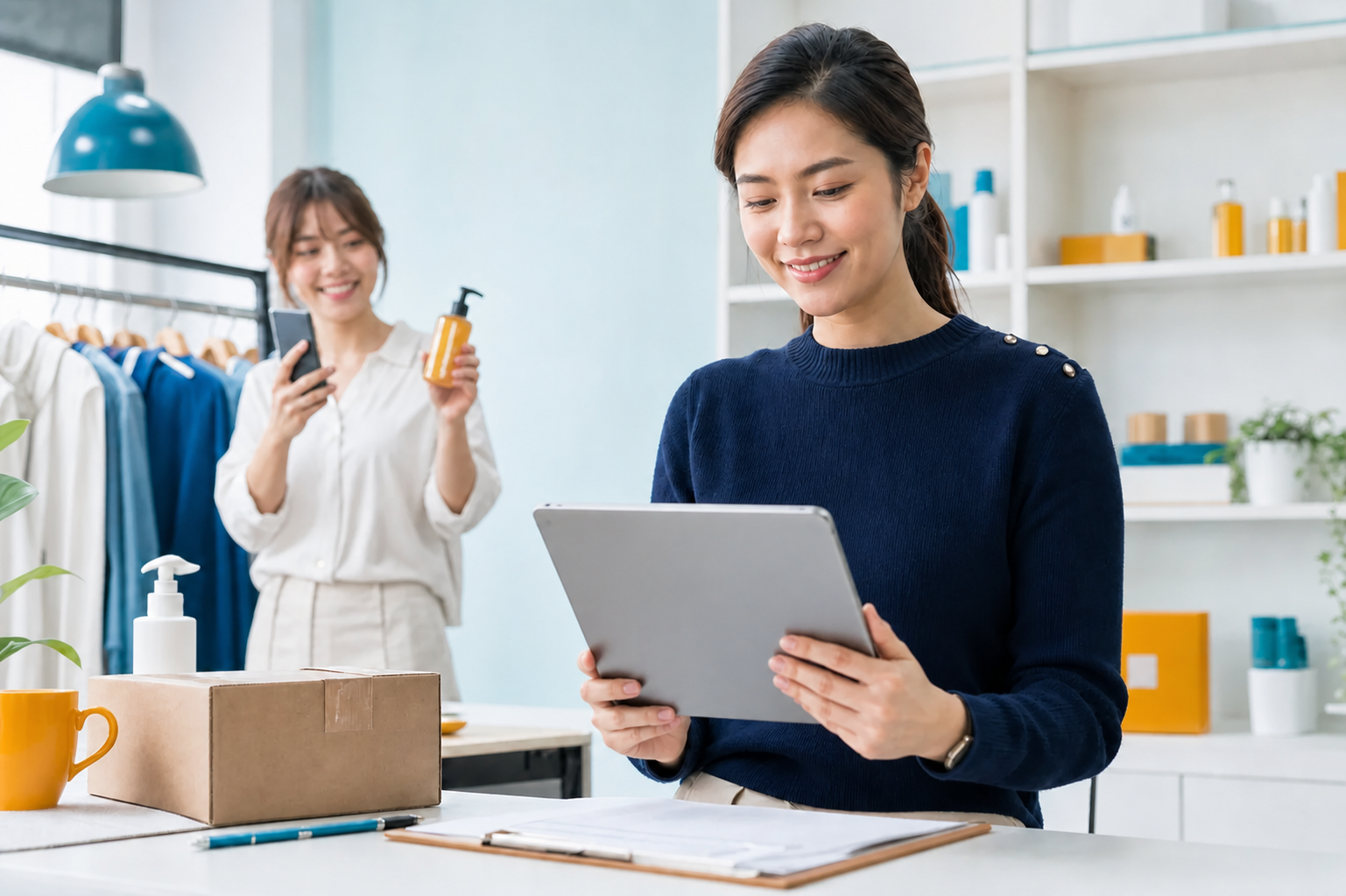零售品牌團隊檢視電商推薦成效,並用手機分享商品
