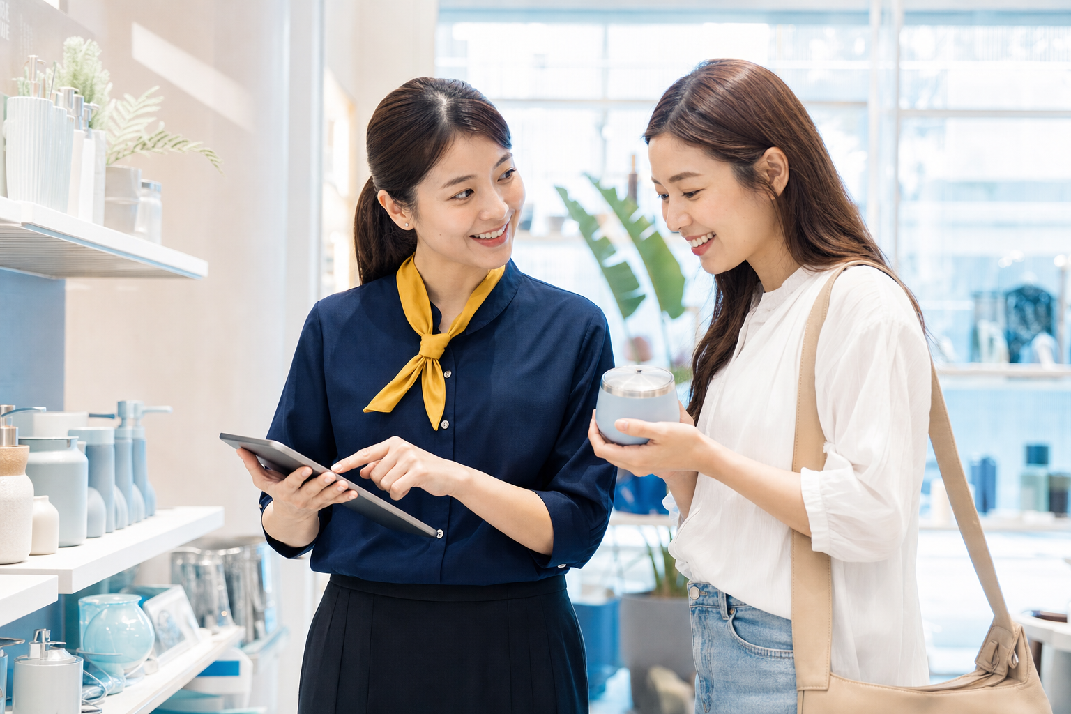 門市店員向熟客推薦商品
