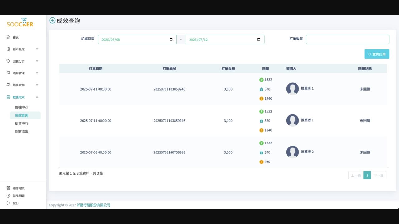 SOOCKER 推薦訂單與成效查詢畫面